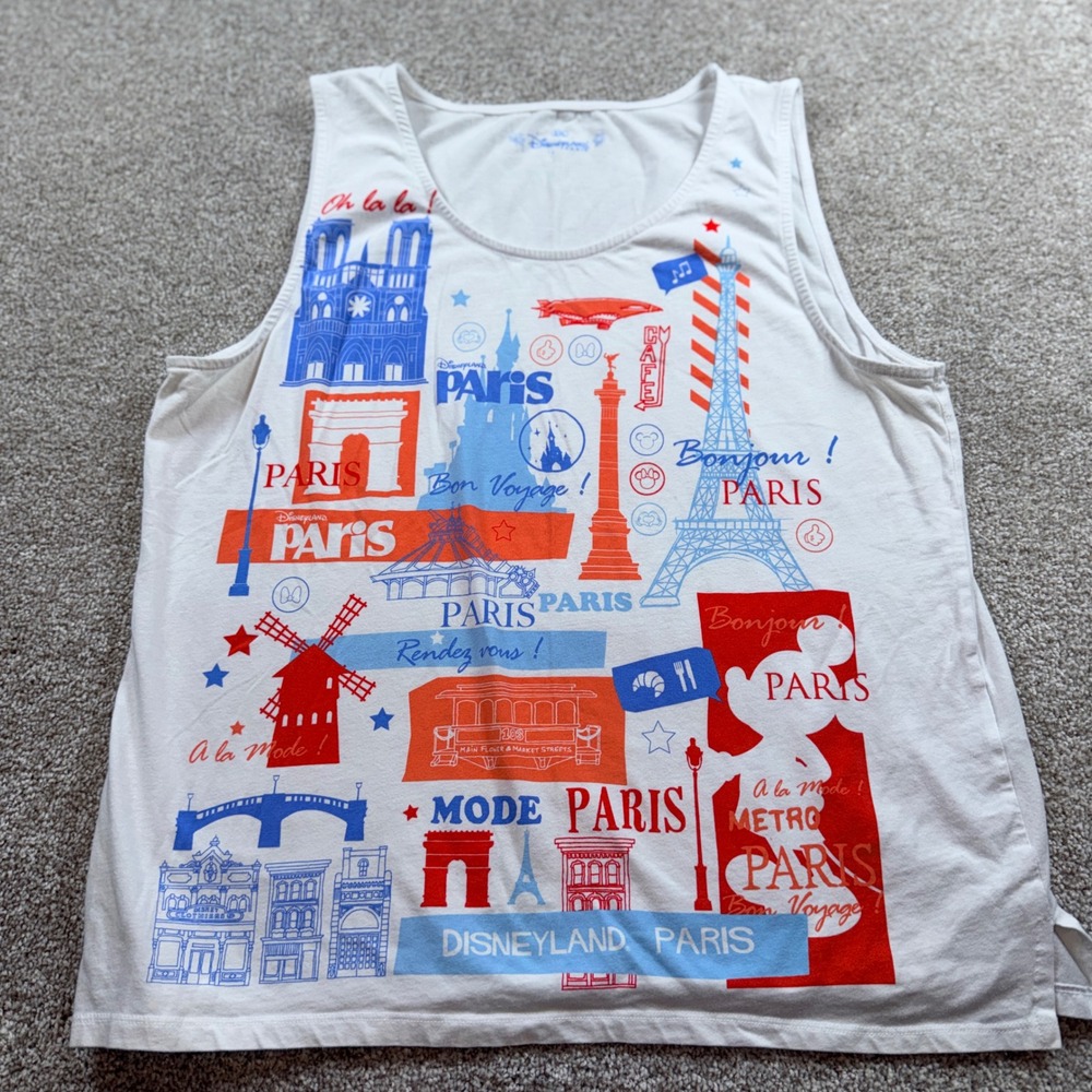 Disneyland Paris Mens XXL White Graphic Tank Top Mickey Mouse Eiffel Tower Print
